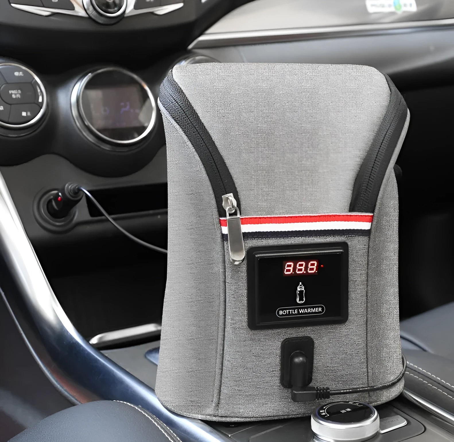 Grey Oxford cloth portable baby bottle warmer with car charger and electronic temperature display
