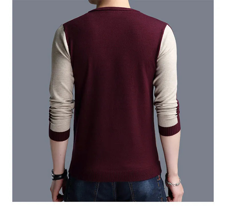 Men's wool blend crew neck pullover sweater in Black, Dark Blue, and Red colours