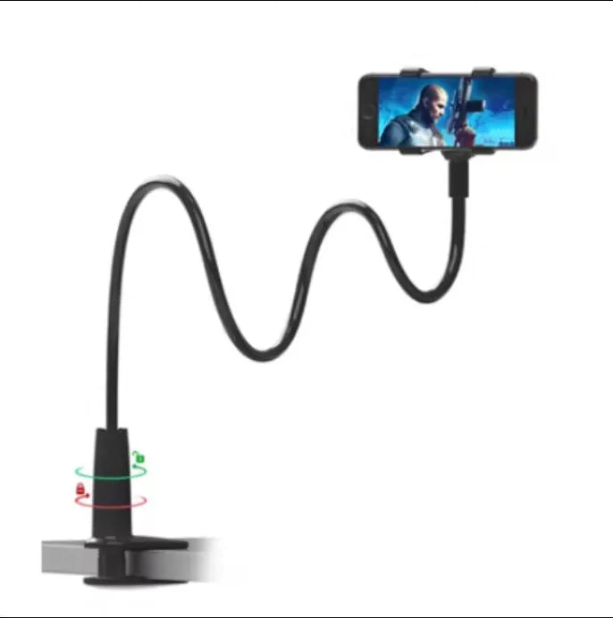 Blue universal mobile phone holder with 120cm pole clamped to bedside table holding a tablet