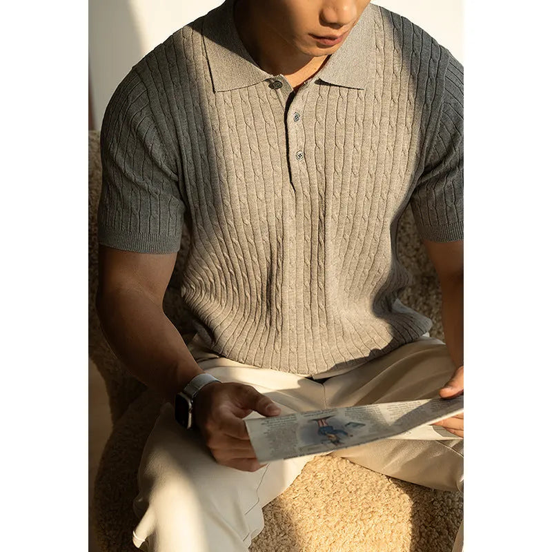 Men's short-sleeve business casual top in khaki colour, showing front design and fabric texture.