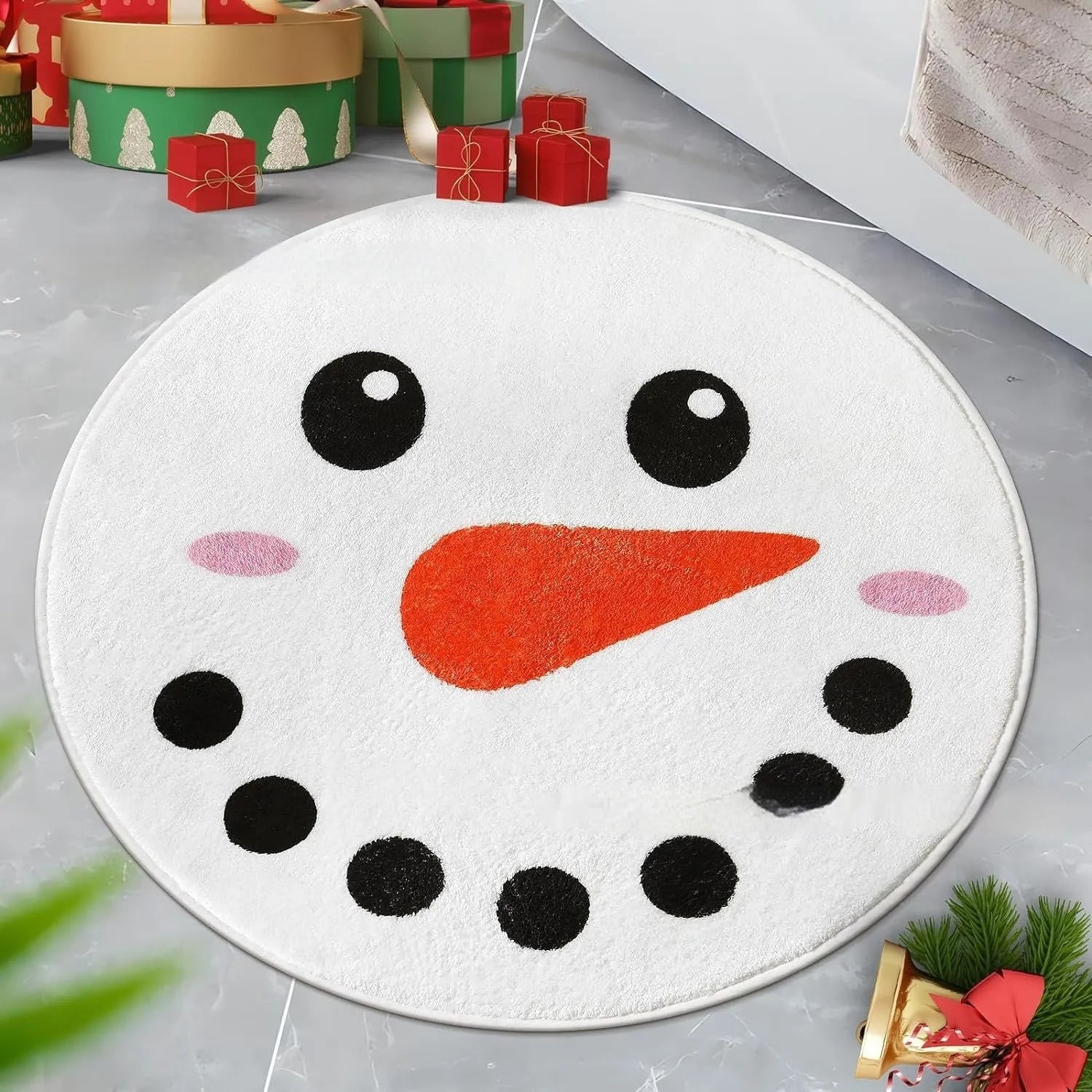 Christmas round pad design printed on a soft, square polyester fibre carpet.