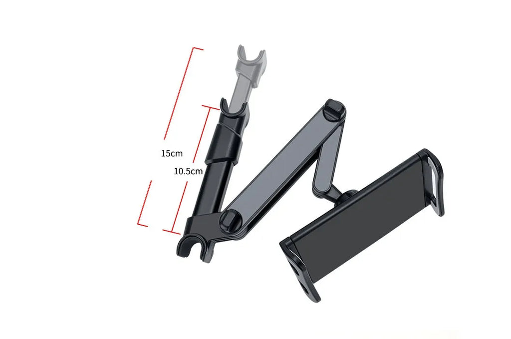 Black universal car phone and tablet holder with adjustable clamp mounted on vehicle rear seat