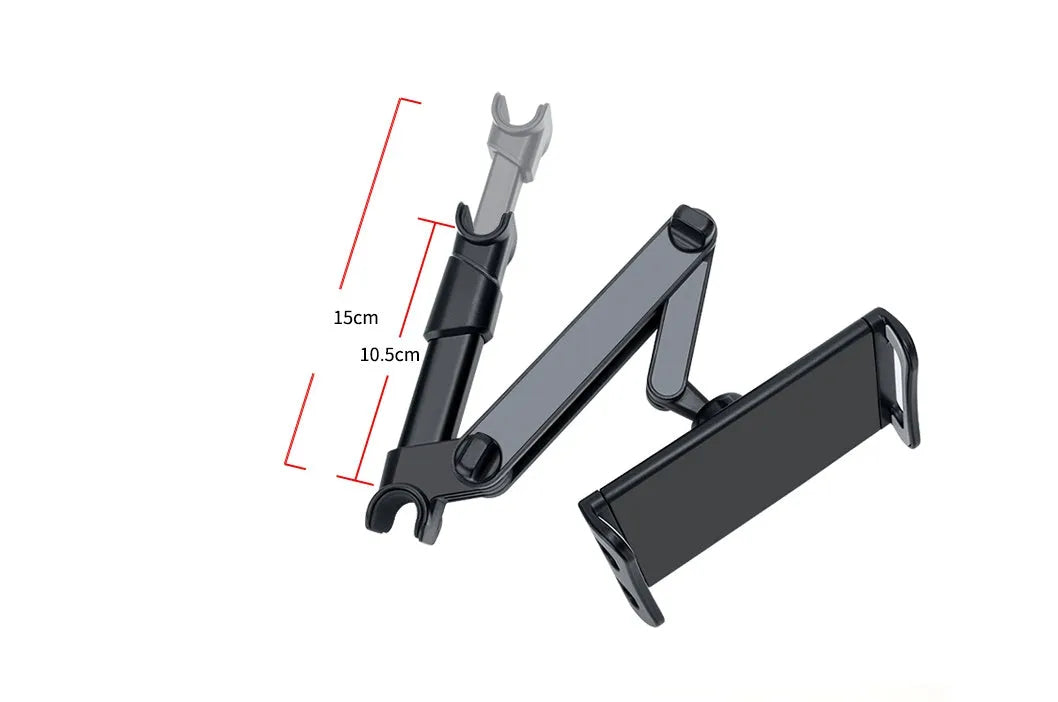Black universal car phone and tablet holder with adjustable clamp mounted on vehicle rear seat