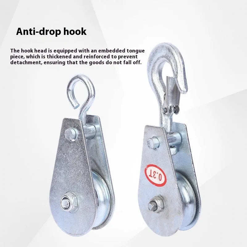 Red industrial lifting pulley with a forged steel safety hook and single wire rope wheel.