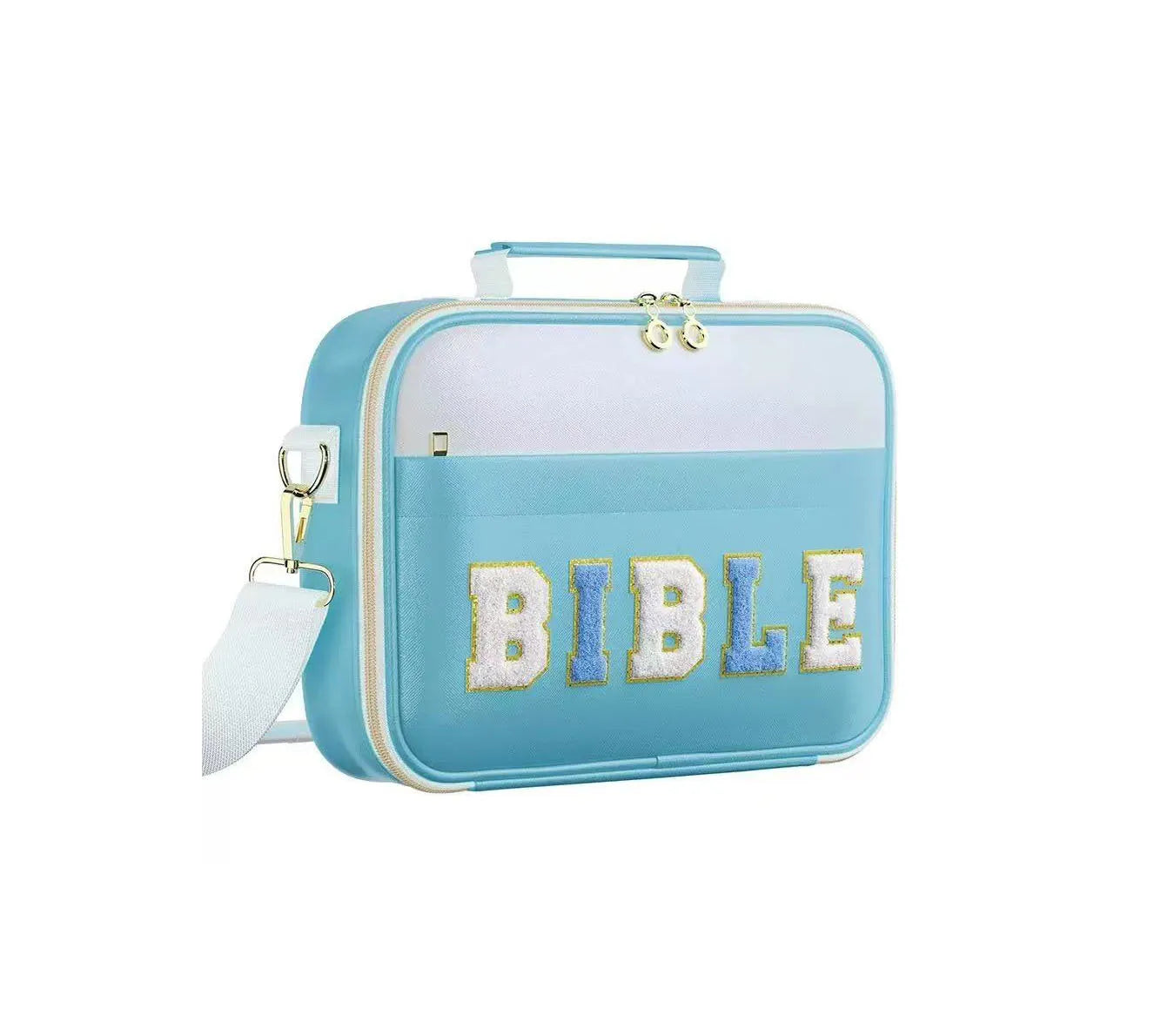PU letter-pattern book handbag in light blue, 30.5x23 cm, with zippered top, on a white background