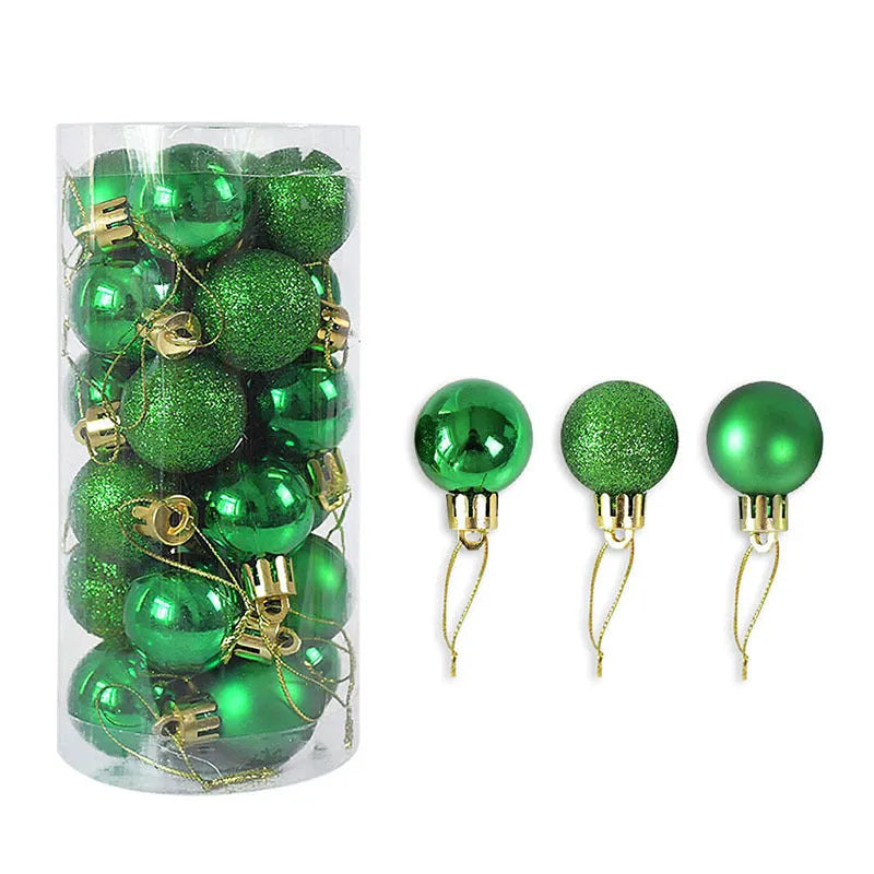 Assorted 3cm shiny gold, red, and silver Christmas ball ornaments spilling from a tall storage barrel.