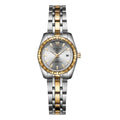 Couple watch with steel band, 28mm dial, luminous hands, calendar, and 30-metre water resistance in silver finish.