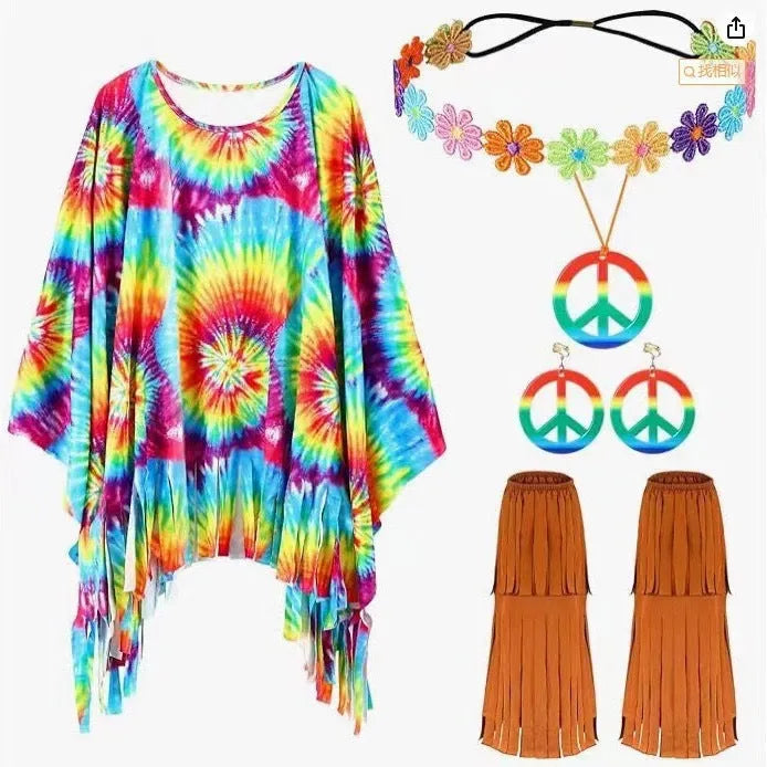 Colourful tie dye spandex cloak costume with voluminous bell sleeves for Halloween.