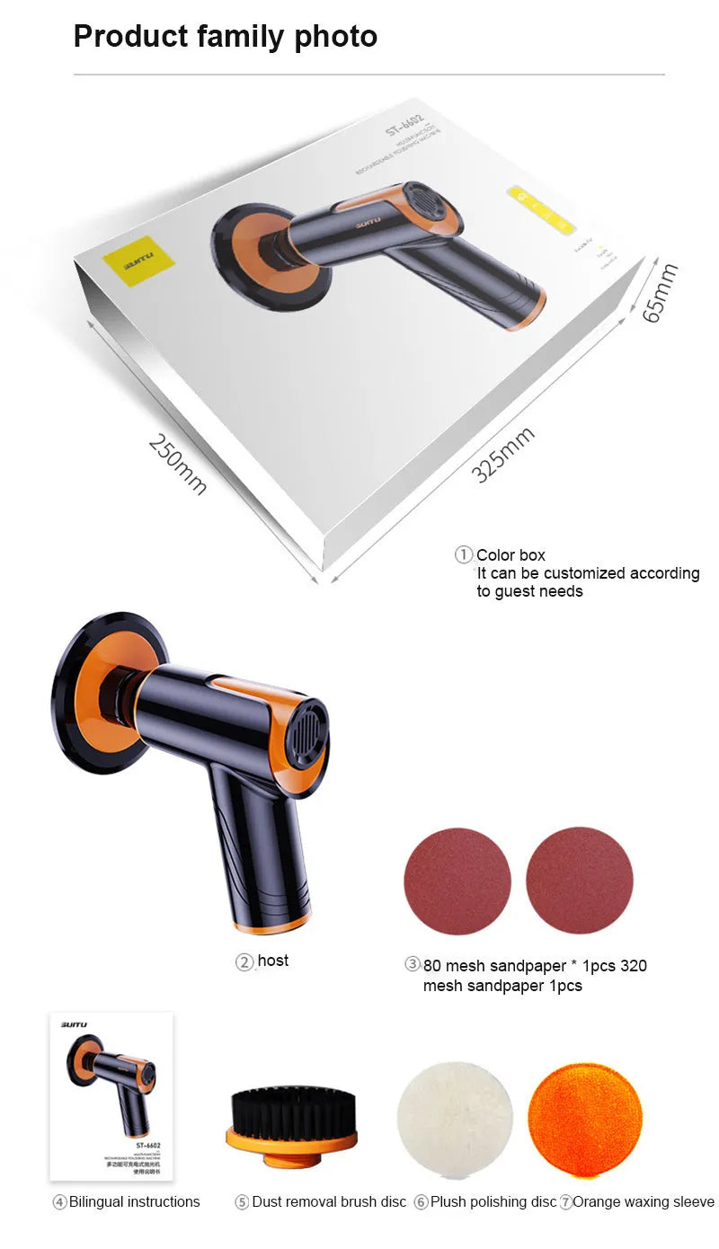 Black car polishing machine with 12cm disc and USB charging cable on a workshop bench