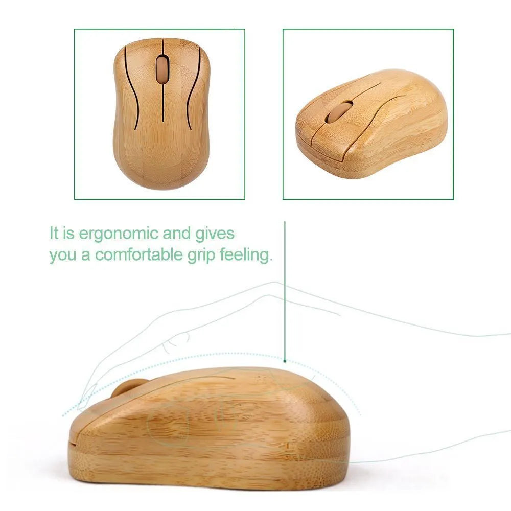 Bamboo wireless keyboard and mouse set on a wooden desk, natural finish, full-size keyboard and compact mouse