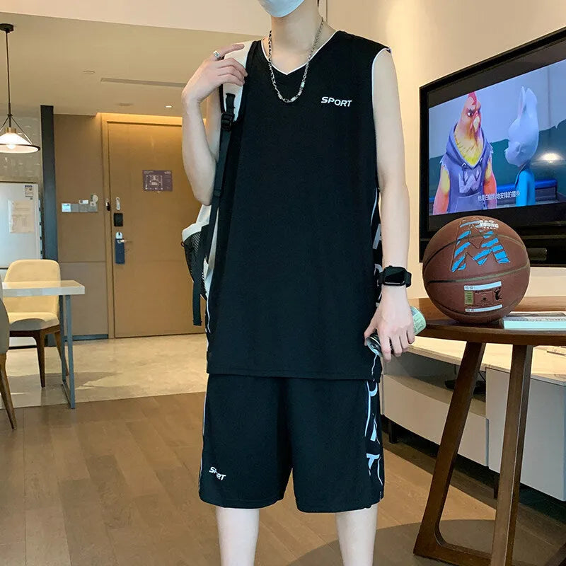 Men's basketball sleeveless vest and shorts set in polyester, available in five colours, front view