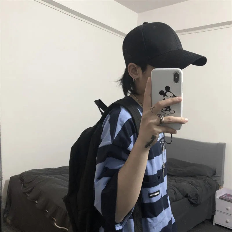 Striped short sleeve t-shirt in blue, polyester fiber, casual crew neck style