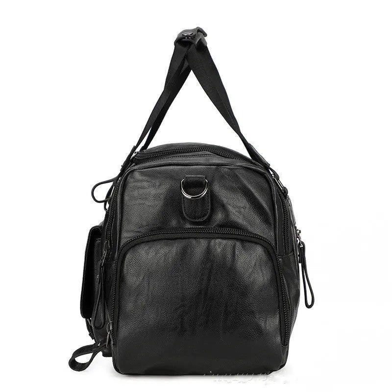 Black large capacity travel bag with separate shoe storage compartment, showing PU fabric exterior.