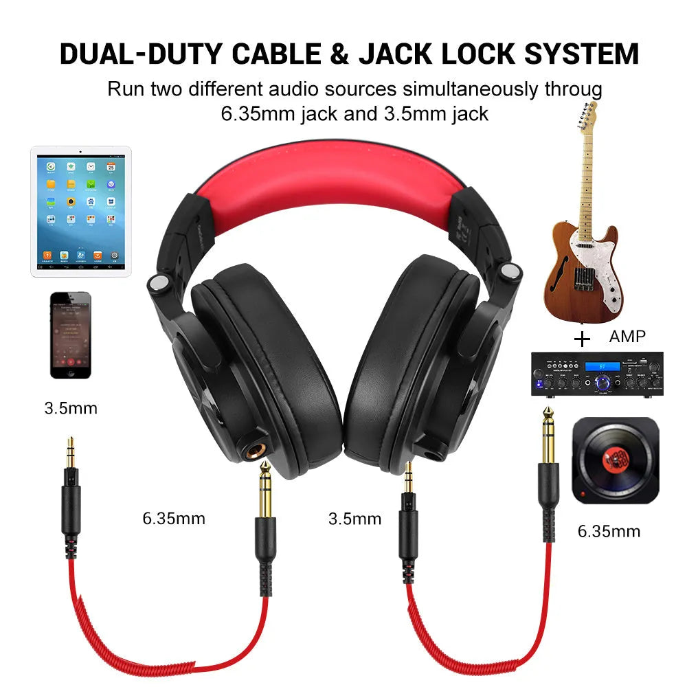 OneOdio over-ear headphones in black and red colour options, showing 40mm speaker drivers.