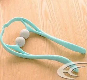 Blue plastic swan-shaped neck massager with hand roller and adjustable stand on a white background