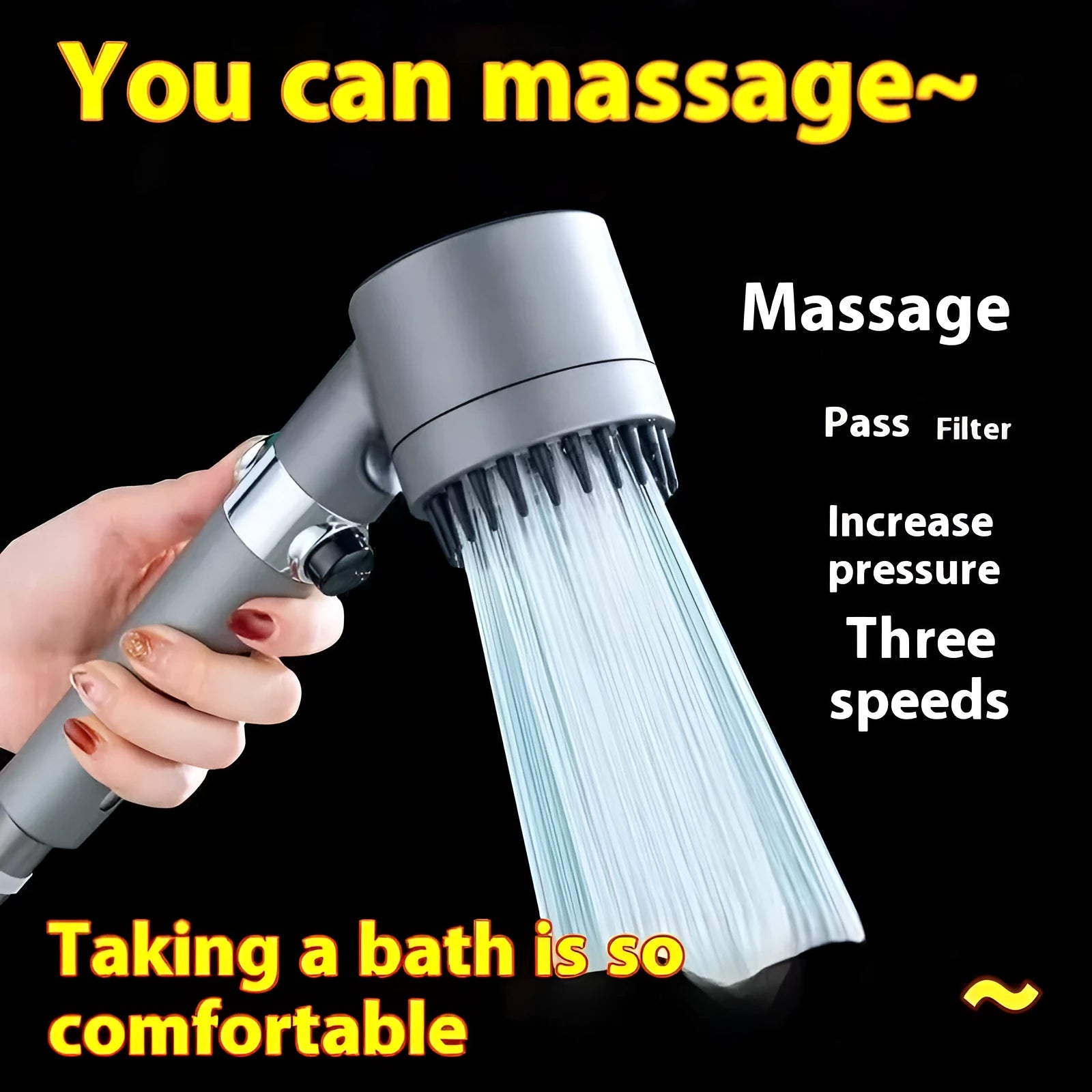 Portable bathroom shower head with three spray settings including massage and rainfall modes