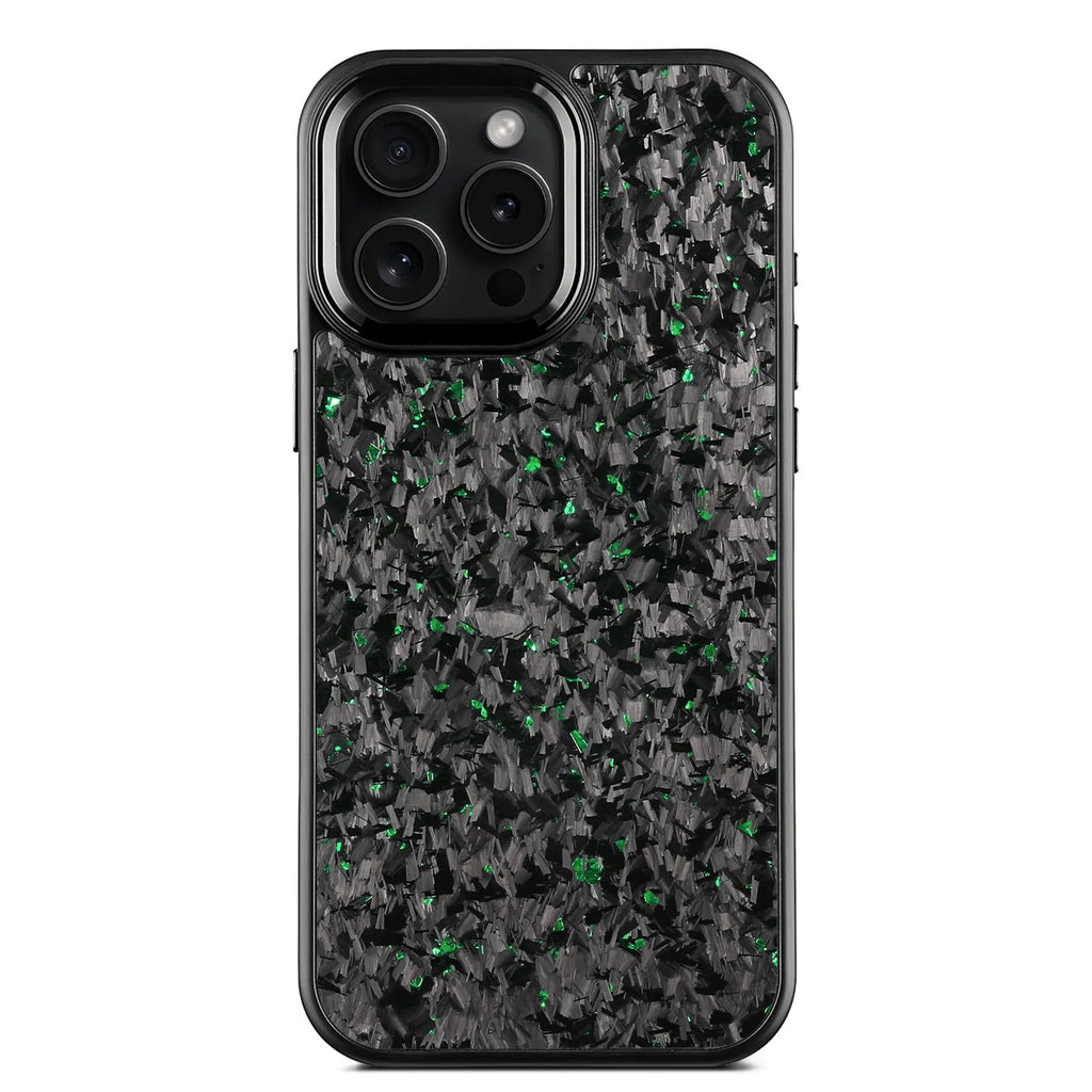 Carbon fibre phone case with black metal frame and magnetic backing for iPhone