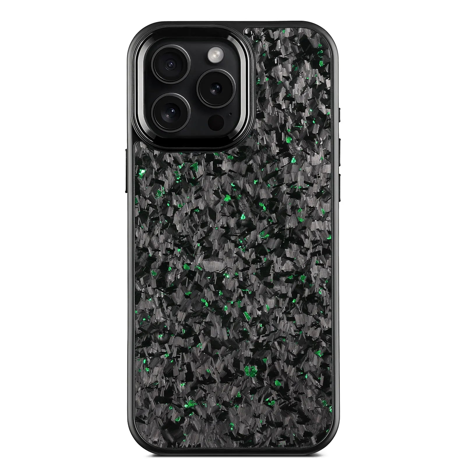 Carbon fibre phone case with black metal frame and magnetic backing for iPhone