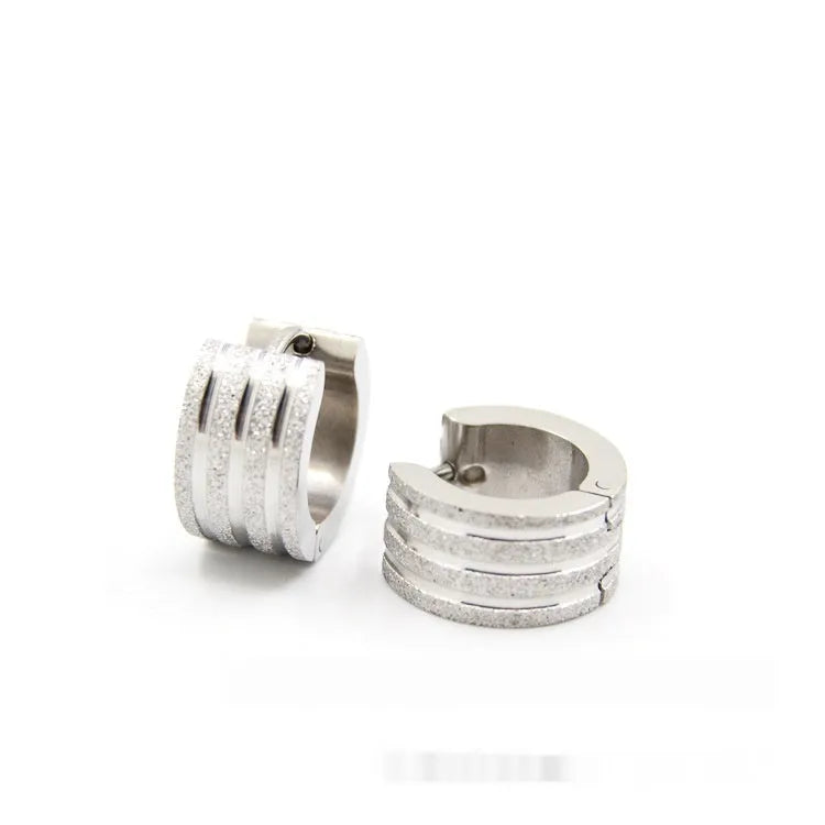 Geometric Korean style earrings with three-line frosted ornament pattern in titanium steel