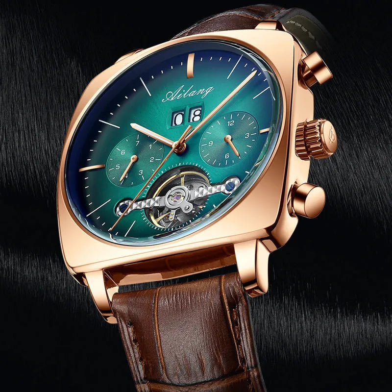 Men's automatic mechanical watch with black leather strap, hollow dial, and luminous hands on a white background
