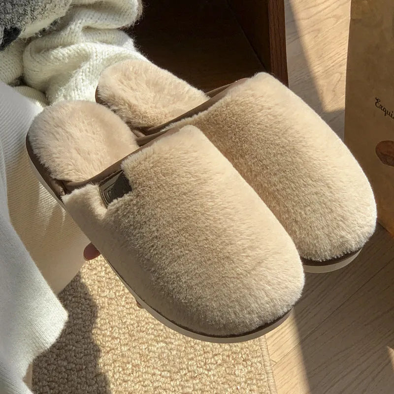 Winter plush slippers with PVC non-slip sole in blue, brown, coffee, pink and white solid colours