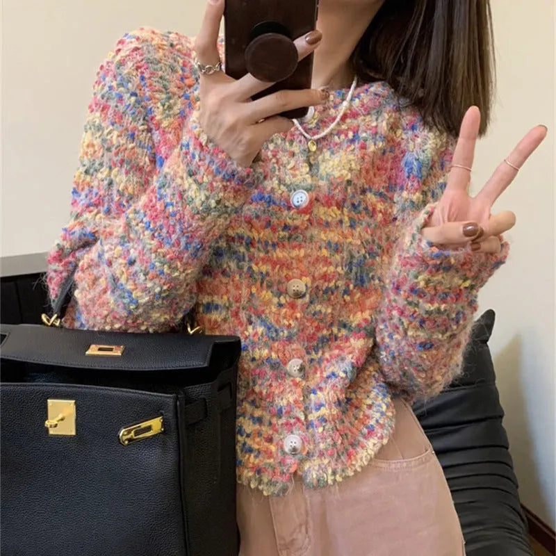 Rainbow pattern knitted cardigan in acrylic fibre with slim fit and regular sleeves