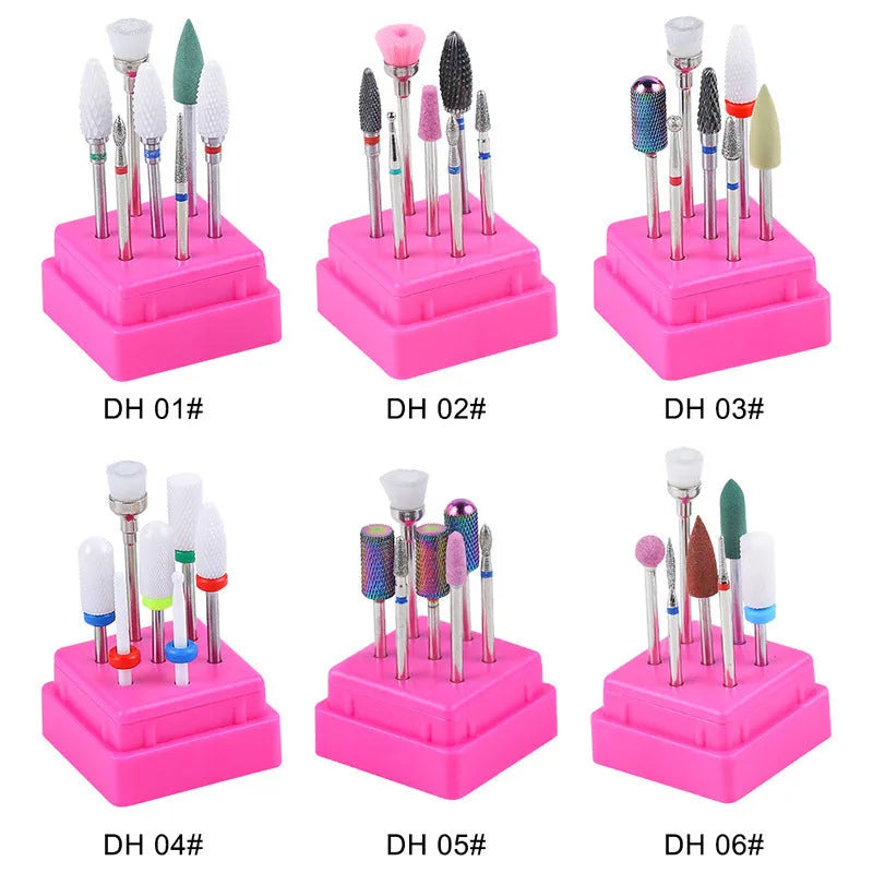 Tungsten steel nail drill polishing head set with 6 bits and 1 brush in transparent case