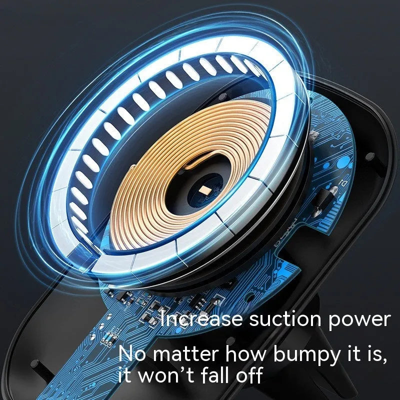 Magnetic car wireless charging stand with phone attached, showing both air vent and centre console mounting options