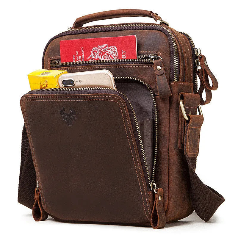 Men's genuine leather crossbody bag in retro style with single-shoulder design