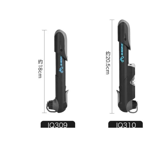 Black bicycle mini pump with round handle, 18cm length, 106g weight, on a wooden surface with bracket and mounting tape