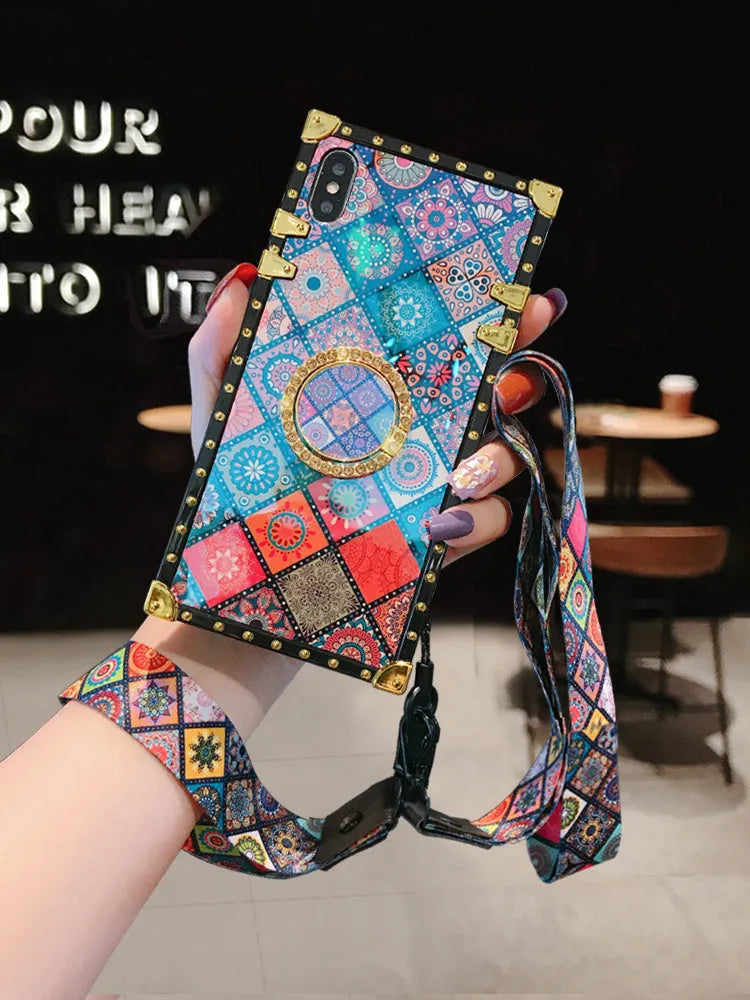 Samsung S8 mobile phone case with silicone sheath texture, bohemian style blue light mirror frame, and luxury square protective silhouette