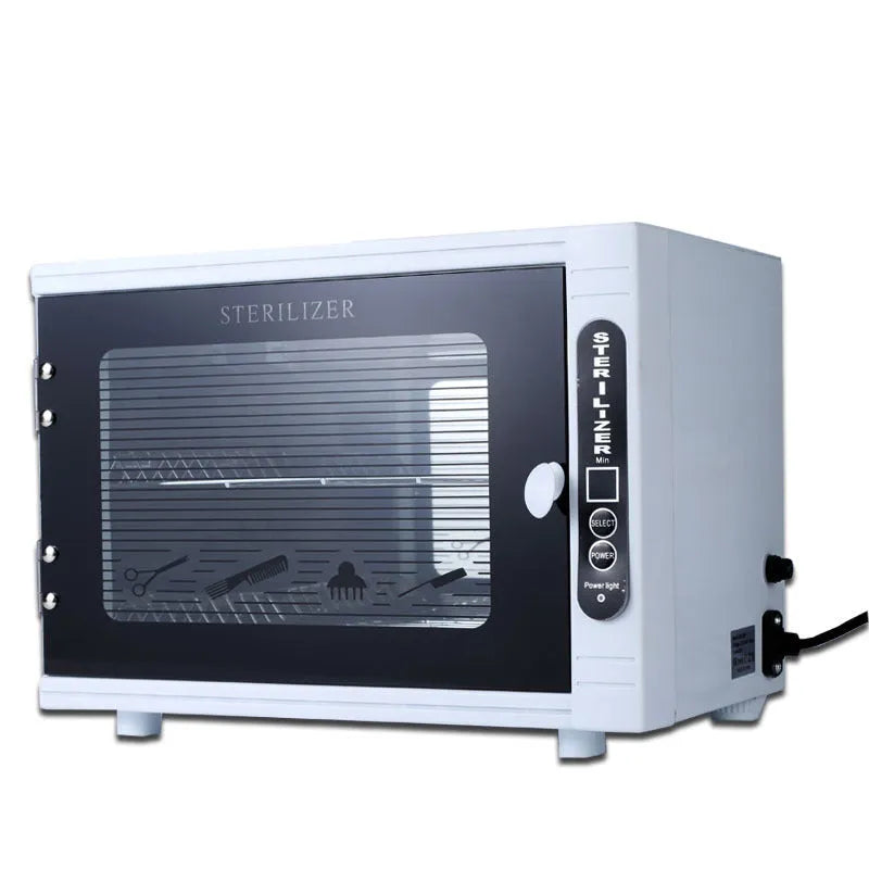 Small silver UV steriliser cabinet for nail salon and barber shop tools.