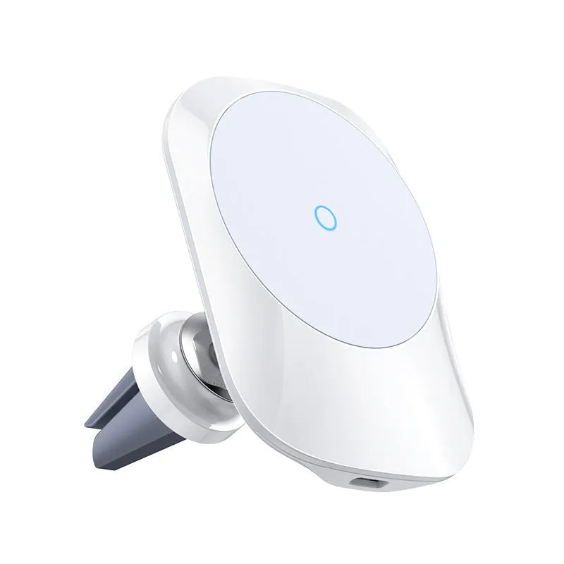 Magnetic car wireless charging stand with phone attached, showing both air vent and centre console mounting options