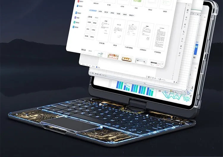 360 swivel keyboard clear case for iPad with transparent backplate and telescopic pen slot