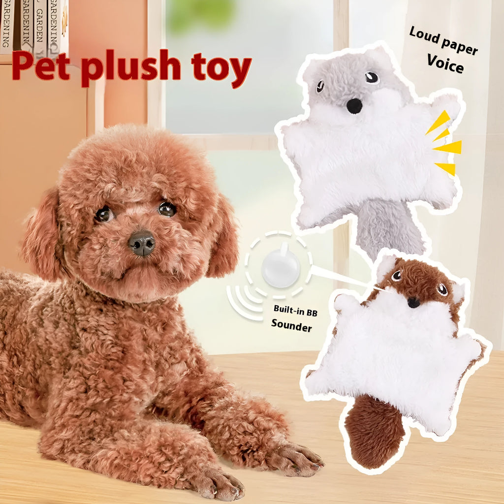 Plush flying squirrel cat teaser toy in brown with ringing paper sound feature