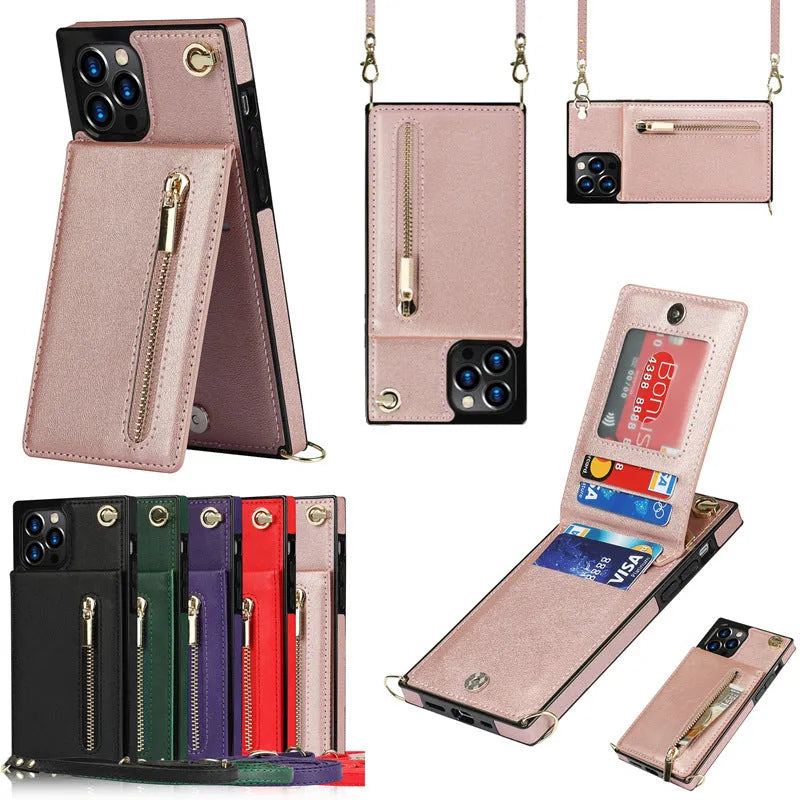 Crossbody zipper phone case for iPhone 15 Pro Max in black TPU leather with lanyard and bracket