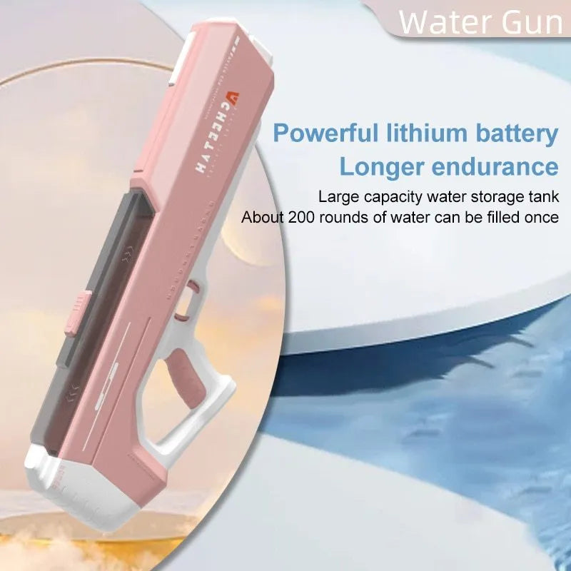 Fully electric water gun toy in sky blue with trigger and USB charging cable for summer outdoor play