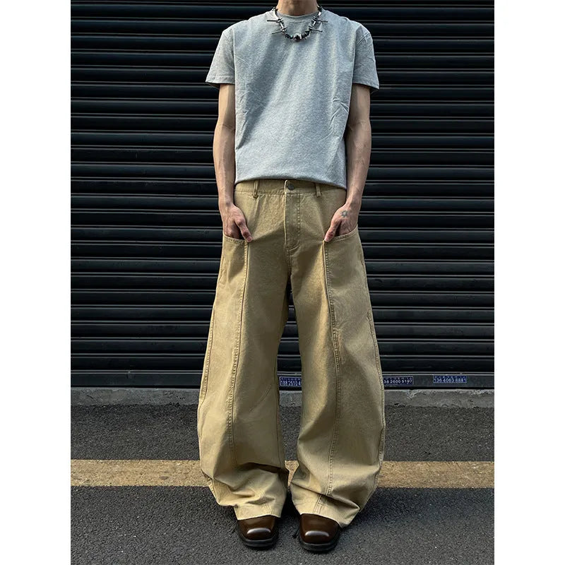 Men's khaki straight-leg cotton trousers with American retro styling