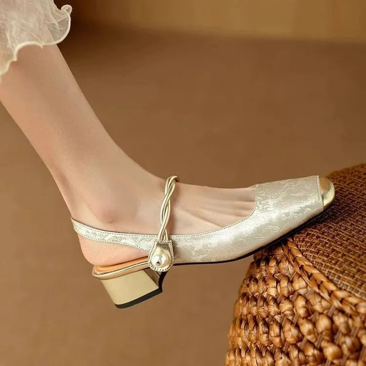 New Chinese style satin closed toe backless mid heel sandals for women in beige white