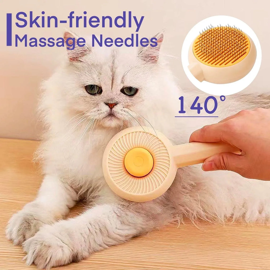 Blue and yellow pet grooming brush with self-cleaning button and angled wire needles