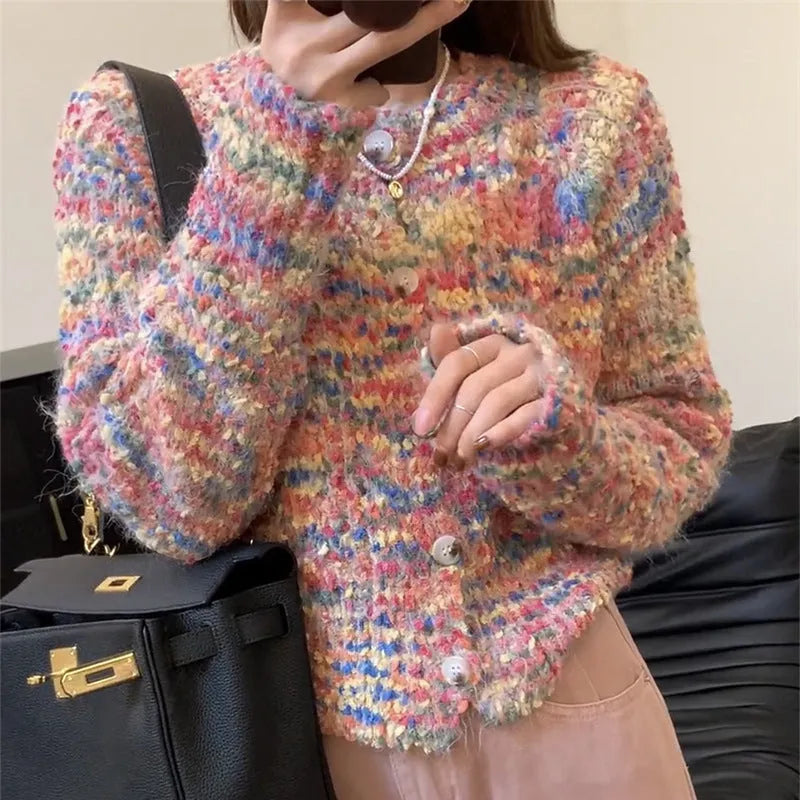Rainbow pattern knitted cardigan in acrylic fibre with slim fit and regular sleeves