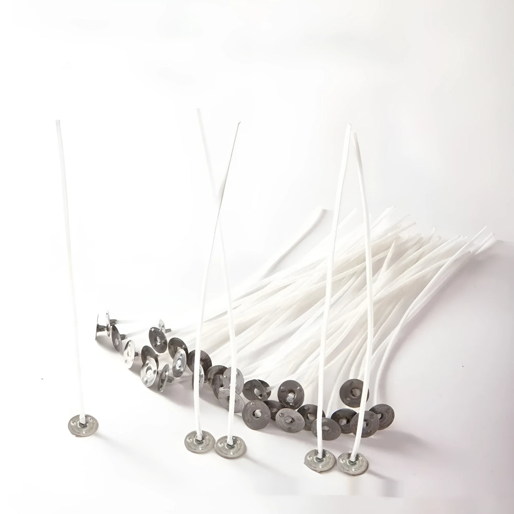 White cotton candle wicks showing three different lengths: 2.6cm, 6cm, and 8cm for DIY candle making