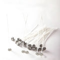 White cotton candle wicks showing three different lengths: 2.6cm, 6cm, and 8cm for DIY candle making