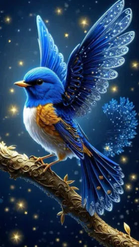 Handmade DIY Blue Bird diamond painting kit showing 60x100 cm canvas and acrylic rhinestones.