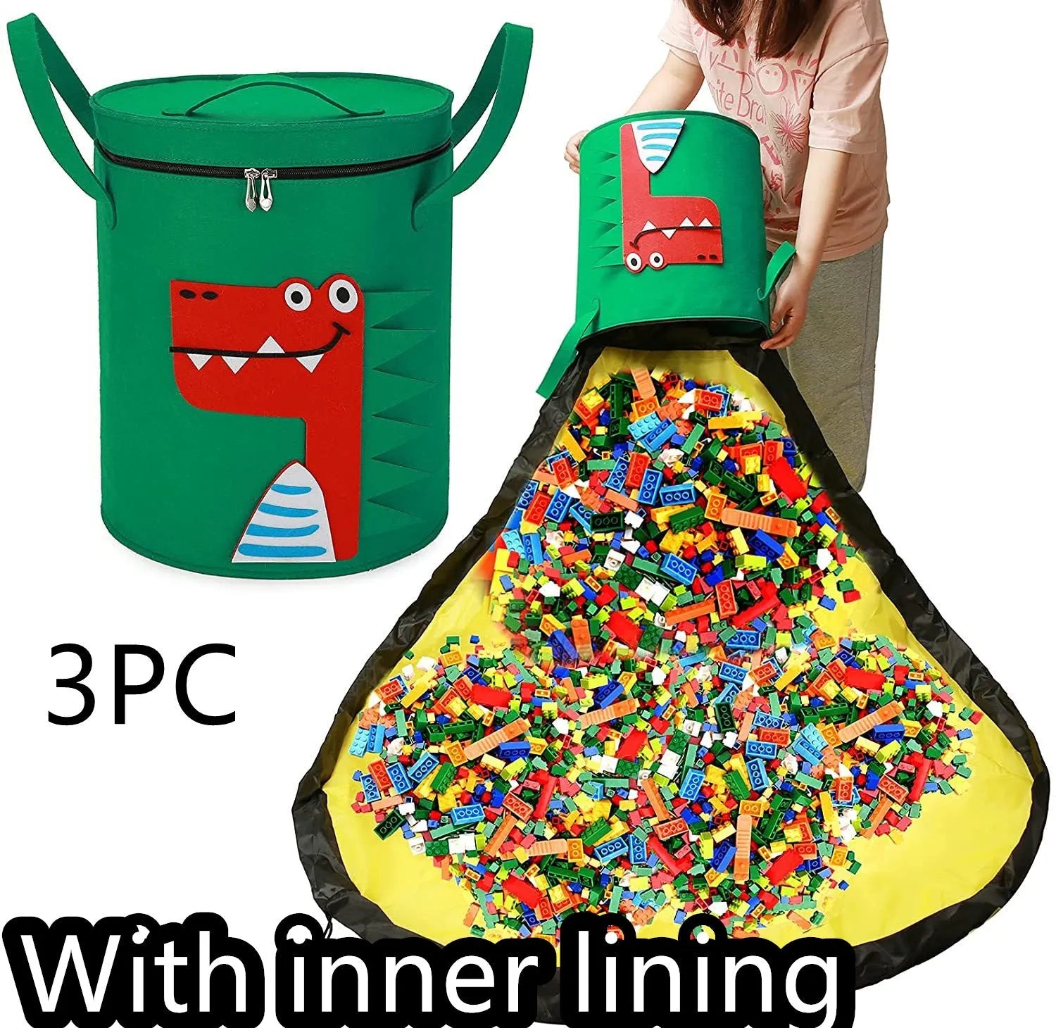 Green felt cube storage bag with pull rope, laid flat as a play mat for toys.