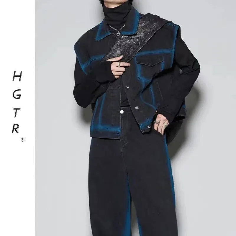 Blue distressed fleece-lined vest and jeans two-piece suit set on a model