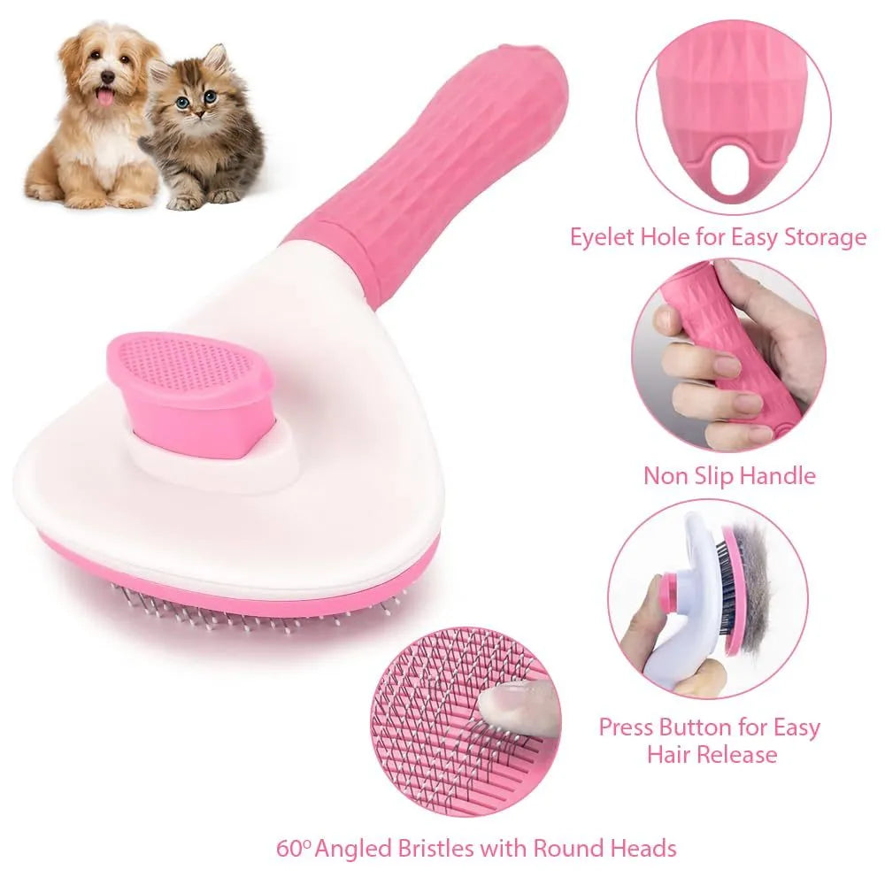 Blue, grey, and pink cat brush with a release button and fine wire bristles for removing loose fur.