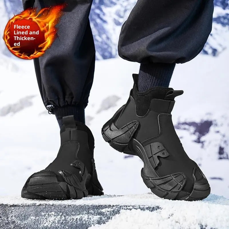High-top fleece fur-lined slip-on lazy shoes in black with wedge heel and round toe on white background