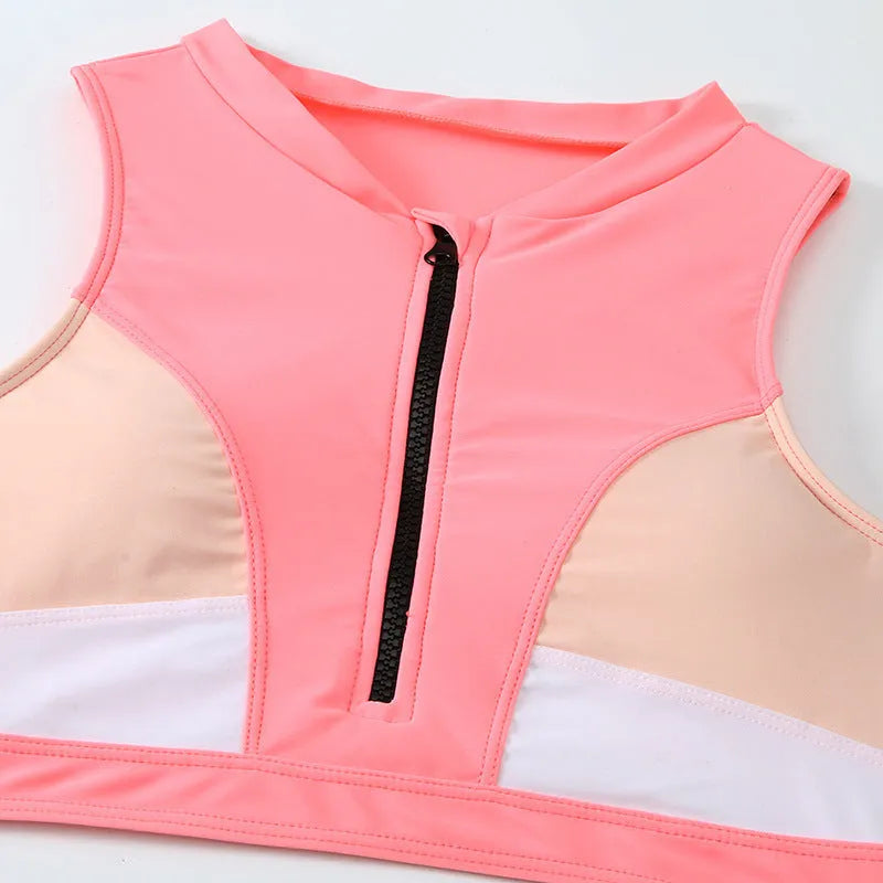 Pink high waist bikini swimsuit set with briefs style on a hanger.