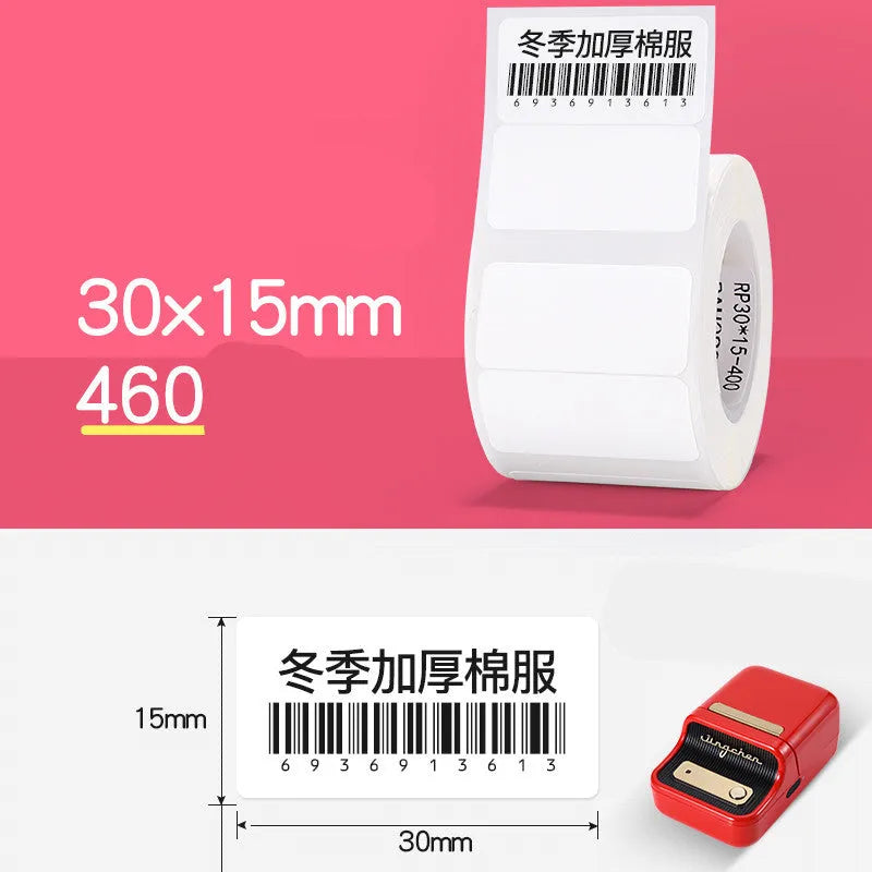 Thermal barcode paper labels with protective film on a roll, multiple size options from 30mm to 80mm, direct thermal printing.